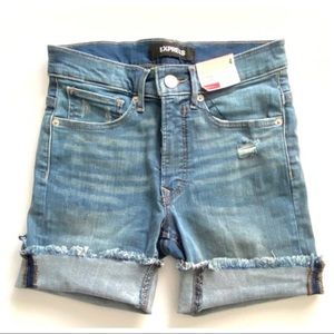 Express Shorts Denim Perfect Bermuda Raw Hem Blue 4